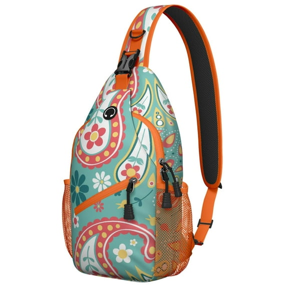 Rustic Paisley Design Sling Backpack, Vintage Bohemian Crossbody Shoulder Bag with Colorful Floral Pattern, Lightweight Travel Hiking Daypack