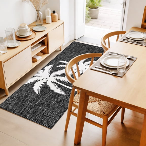 Rustic Palm Tree 2'x6' Runner Rug for Hallway Walkway Kitchen Galley, Country Tropical Vintage Black Tree Silhouettes Low Pile Washable Non Slip Long Area Rug for Living Room