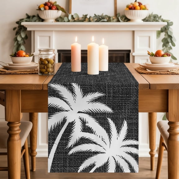 Rustic Palm Tree Dining Table Runner, Country Tropical Vintage Black Tree Silhouettes Washable Table Runners Kitchen Coffee Table Center Decor for Home Party Holiday Wedding 13 x 48 Inches