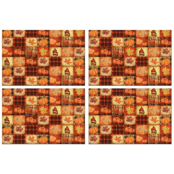 Rustic Party Placemats Set of 4, Durable Linen Table Mats with Pumpkin and Turkey Pattern, Machine Washable Heat Resistant Fall Dining Table Mats for Family Celebration