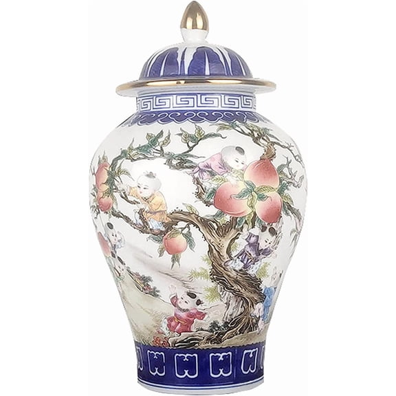 Rustic Pastel Jar Vase, Peatch Pattern Porcelain Vase, Large Chinese Ming Style, Jingdezhen