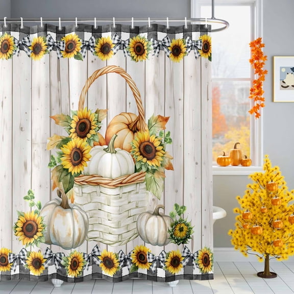 Shower Curtains Sets for Bathroom Decor Rustic Pastoral Sunflower Pumpkin Waterproof Bathroom Curtain with Hooks, Buffalo Plaid Bow White Wood for Bathroom Decor,72x72IN
