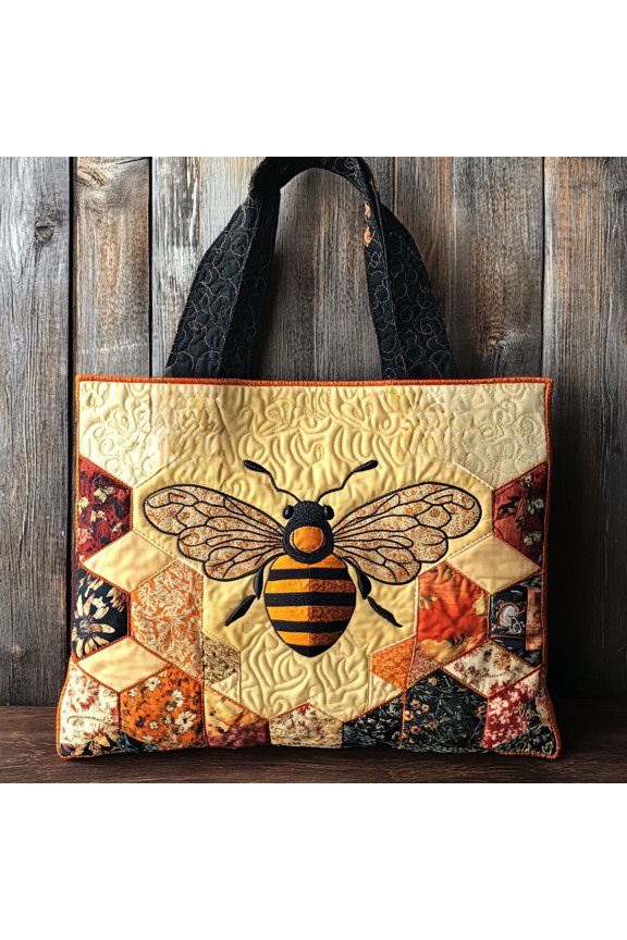 Rustic Patch Bee Quilted Tote Bag, Bee Print Shoulder Bag, Practical Market Tote, Gift for Garden Lovers