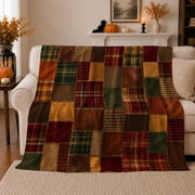 Rustic Patchwork Autumn Pattern Pattern Rustic Country Fall, Cozy Woodland Scene, Warm Flannel Blanket for Ranch House and Living Room, Animal Lovers Thanksgiving Gift, Artistic Home Decor
