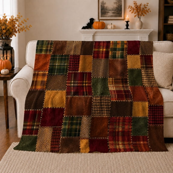 Rustic Patchwork Autumn Pattern Pattern Rustic Country Fall, Cozy Woodland Scene, Warm Flannel Blanket for Ranch House and Living Room, Animal Lovers Thanksgiving Gift, Artistic Home Decor