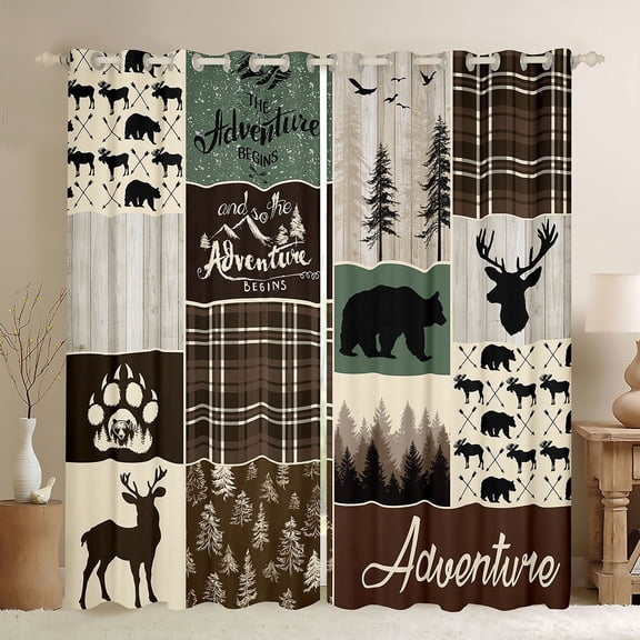 Rustic Patchwork Bed Curtains & Drapes, Hunting Deer Bear Curtains 42"Wx84"L, Retro Cabin Lodge Decor Blackout Curtains, Woodland Country Wild Animal Window Treatments Adventure Camping Decor, Brown