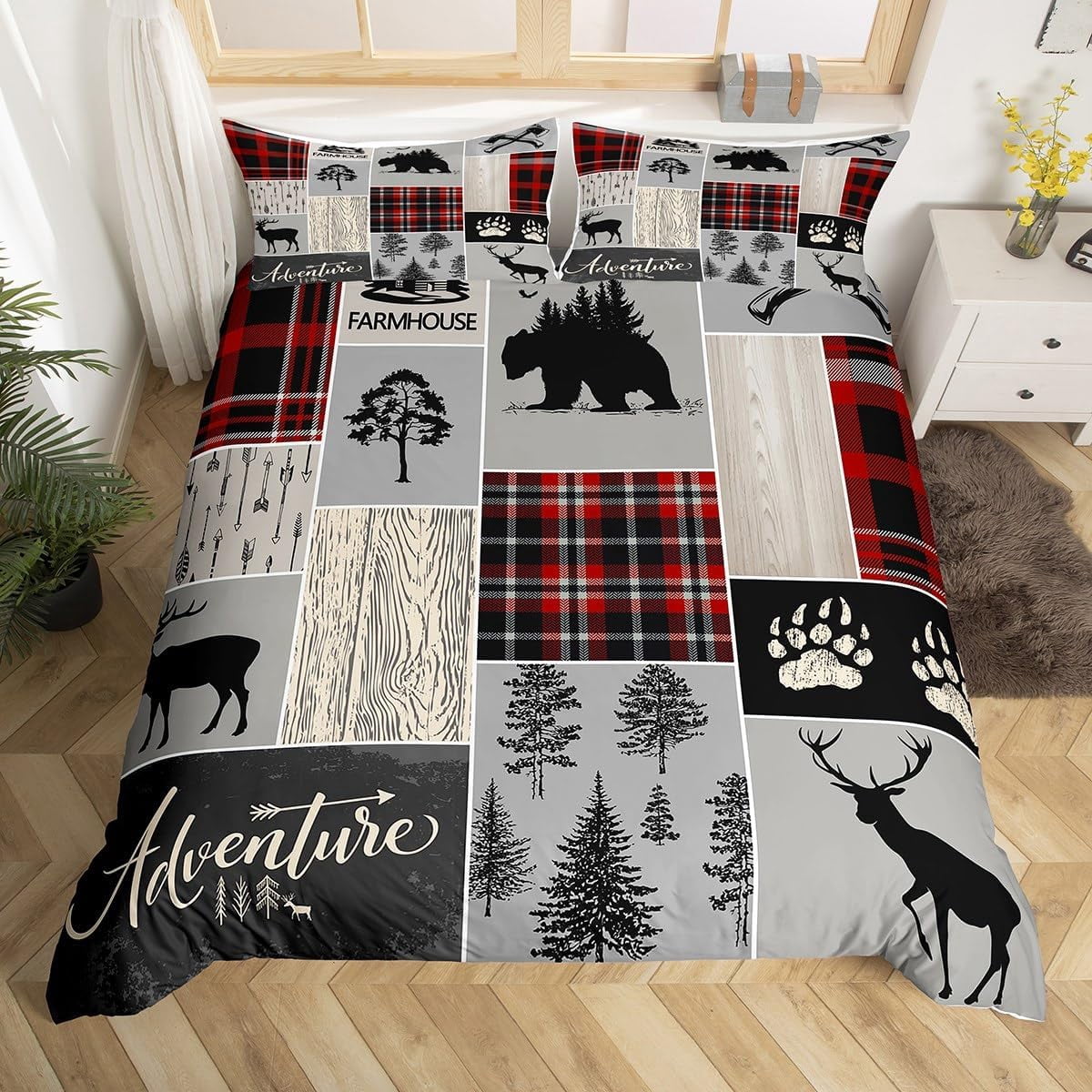 Rustic Patchwork Comforter Set - Bear & Deer Woodland Theme, Full Size, Buffalo Plaid 2 thumbnail image
