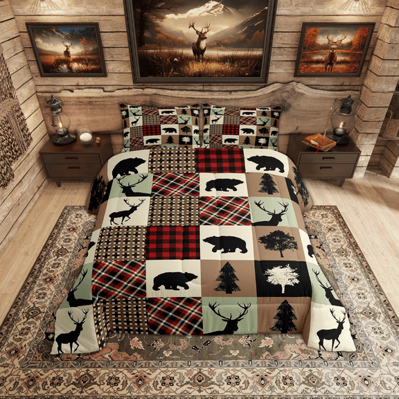 Rustic Patchwork Bedding Set Twin,Country Cabin Quilt for Kids Teens Checkered Buffalo Plaid Bear Deer Comforter Set Woodland Wildlife Duvet Insert Farmhouse Decorations,Vintage Shamrock Red