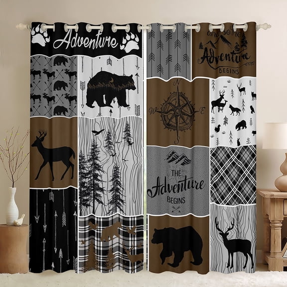 Rustic Patchwork Curtains & Drapes, Retro Country Farmhouse Curtains Cabin Room Decor, Western Deer Bear Blackout Curtains Woodland Adventure Camping Window Curtains 42"Wx63"L