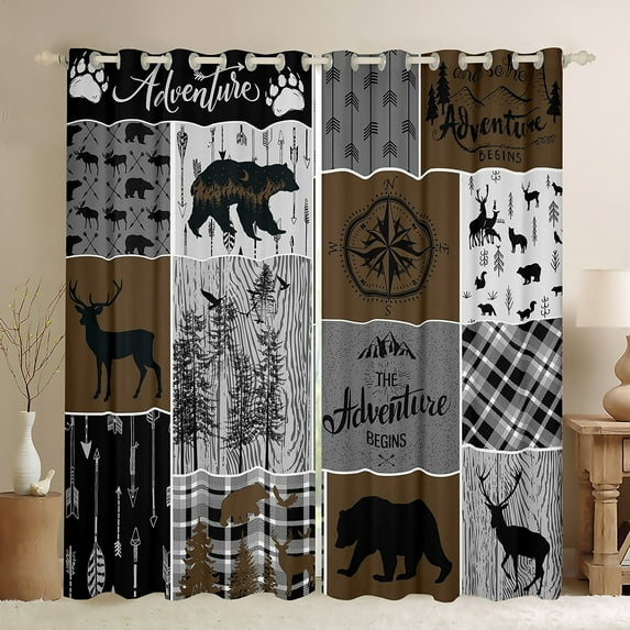 Rustic Patchwork Curtains & Drapes , Retro Country Farmhouse Curtains Cabin Room Decor, Western Deer Bear 30%-50% Blackout Curtains Woodland Adventure Camping Window Curtains 42"Wx84"L
