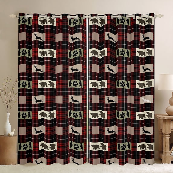 Rustic Patchwork Curtains & Drapes Checkered Buffalo Plaid Window Curtains,Woodland Bear Moose Elk 30%-50% Blackout Curtains Animal Paw Print Red Grid Lattice Farmhouse Decor