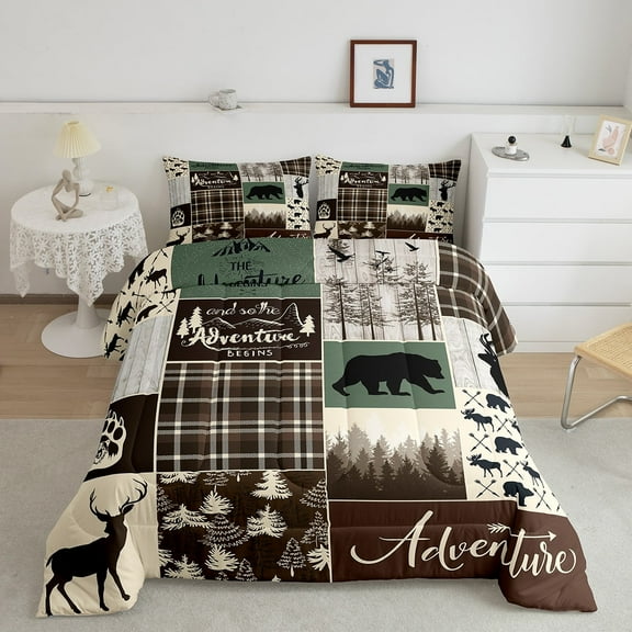 Rustic Patchwork Full Bed Comforter Set, Hunting Deer Bear Bedding Retro Cabin Lodge Decor Quilt Teens Men, Woodland Country Wild Animal Down Comforter Adventure Camping Decor, Brown