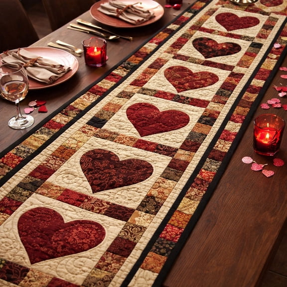 Rustic Patchwork Hearts Quilted Table Runner
