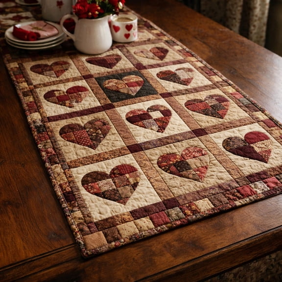 Rustic Patchwork Hearts Quilted Table Runner