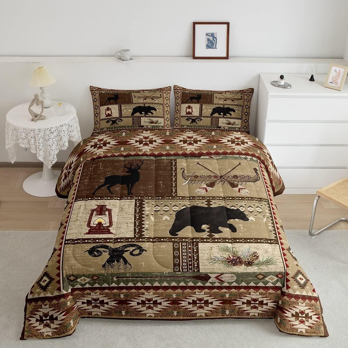 Rustic Patchwork King Size Quilt Bedding Set,Bear Moose Deer Wild Animals Comforter Set for Kids