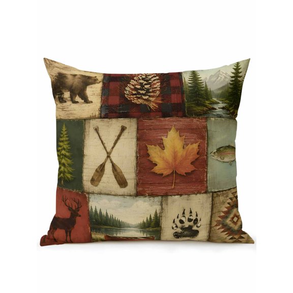 Rustic Patchwork Outdoor Throw Pillow with Insert, 16"x16" Vintage Bear Pine Canoe Maple Leaf Fish Blocks Waterproof Decorative Square Patio Pillows for Outside Furniture, Sofa, Porch, Garden
