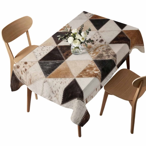 Rustic Patchwork Rectangle Tablecloth Western Ethnic Abstract Black Brown Beige Animal Fur Style Waterproof Wrinkle Free Soft Table Cloth Spill-Proof Washable Table Cover for Dining 60 x 102 In