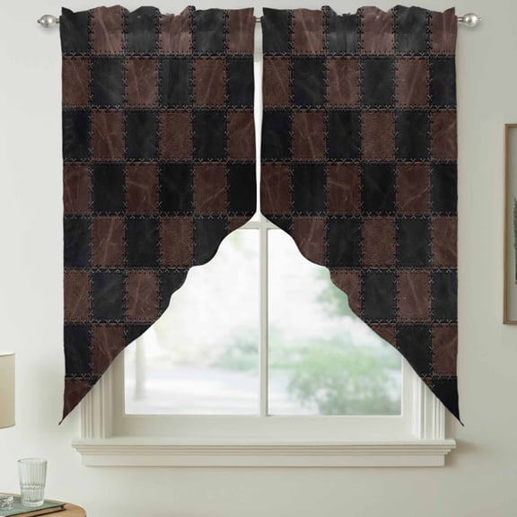 Rustic Patchwork Swag Kitchen Curtain Valances, Country Farmhouse Minimalist Brown Black Plaid Rod Pocket Curtains Window Treatment Decor Valances for Bedroom Bathroom, 2 Panels 36 x 63 Inch
