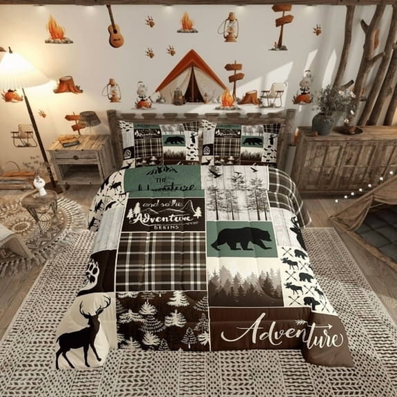 Rustic Patchwork Twin Bed Comforter Set, Hunting Deer Bear Bedding Retro Cabin Lodge Decor Quilt Teens Men, Woodland Country Wild Animal Bedding Set Adventure Camping Decor, Brown
