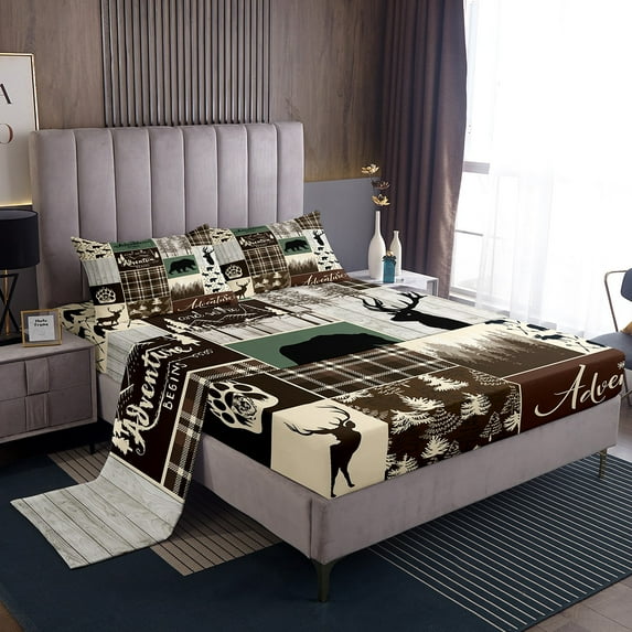 Rustic Patchwork Twin Bed Sheet Set, Hunting Deer Bear Bed Sheets Set Retro Cabin Lodge Decor Sheets Teens Men, Woodland Country Wild Animal Top Sheet Adventure Camping Decor, Brown