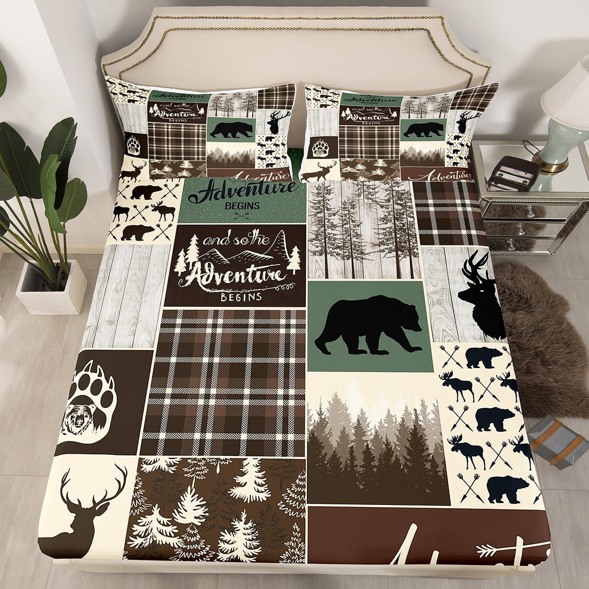 Rustic Patchwork Twin Bed Bed Sheets, Hunting Deer Bear Fitted Sheet