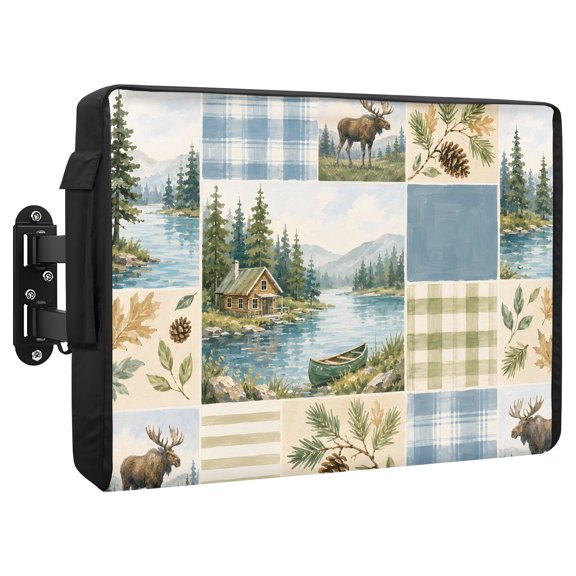 Rustic Patchwork Waterproof Outdoor TV Cover, Green Blue Plaid Pine Trees Cabin Moose Outside Weatherproof TV Enclosures for 40 to 43 Inch LCD Television Shield Flat Screen Protectors
