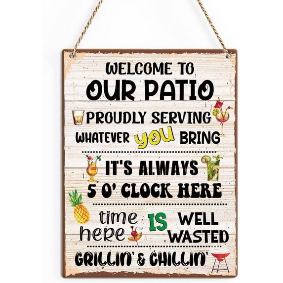 Rustic Patio Wood Decor Sign, Welcome to Our Patio Printed Wood Sign Wall Art, Hanging Door Sign, Decorative Wood Sign Home Decor 8x10