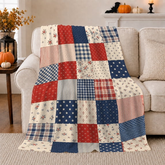 Rustic Patriotic Patchwork Square, Cozy Artistic Scene, Warm Flannel Blanket for Cabin and Lodge with Detailed Artwork, Celestial Art Lovers Housewarming Gift, Artistic Home Decor