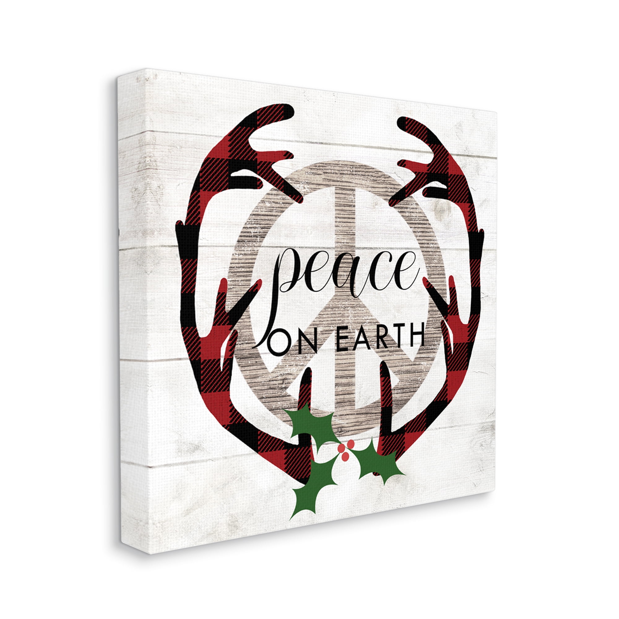 Rustic Peace on Earth Holiday Plaid Antlers Holiday Gallery-Wrapped Canvas Print Wall Art, 17x17