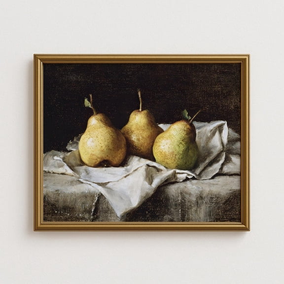 Rustic Pear Still Life Wall Art, Vintage Fruit With Three Pears On Cloth, Farmhouse Kitchen Dining Room Home Decor UNFRAMED Poster, Wall Art for Decor, Present, 8x12