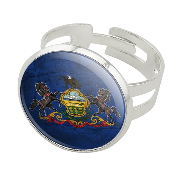 Rustic Pennsylvania State Flag Distressed USA Silver Plated Adjustable Novelty Ring