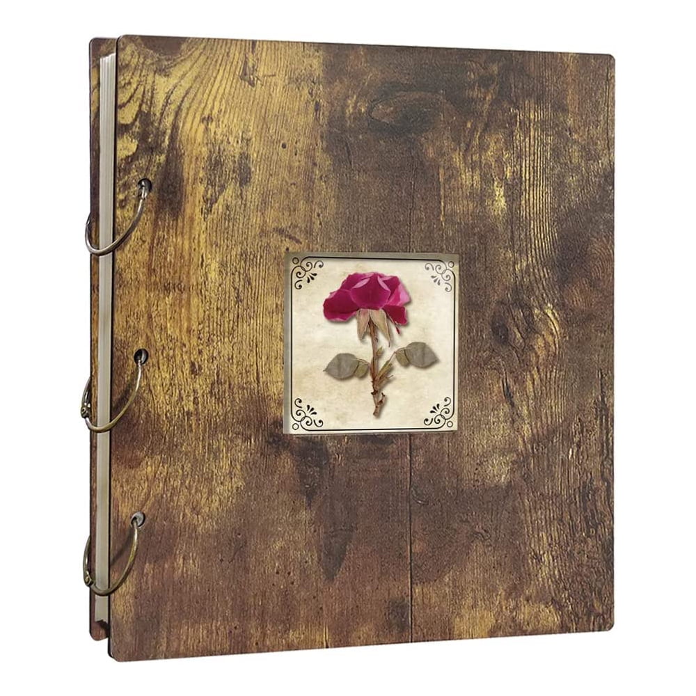 Rustic Wedding Photo Album 4x6, Wood with Flower Cover, Brown Book for