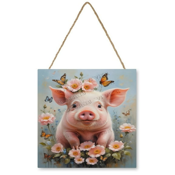 Rustic Pig Wooden Hanging Sign - Decorative Wall Art for Kitchens and Dining Areas, A Fun Addition to Your Home 12"x12"
