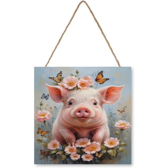 Rustic Pig Wooden Hanging Sign - Decorative Wall Art for Kitchens and Dining Areas, A Fun Addition to Your Home 12"x12"