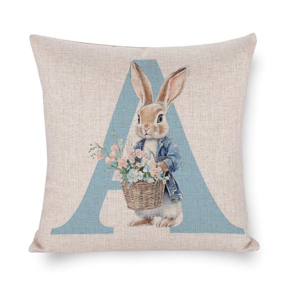 Rustic Pillow Cover Alphabet Monogram Letter Initial Cushion Case Personalized Bunny with Custom Name Throw Pillowcases for Couch Decoration for Sofa Couch 16"x16"