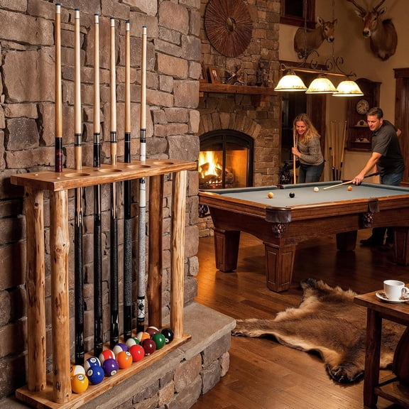 Rustic Pine Billiard Cue Rack Holds 6 Sticks & 16 Balls with Cup Holders for Game Room