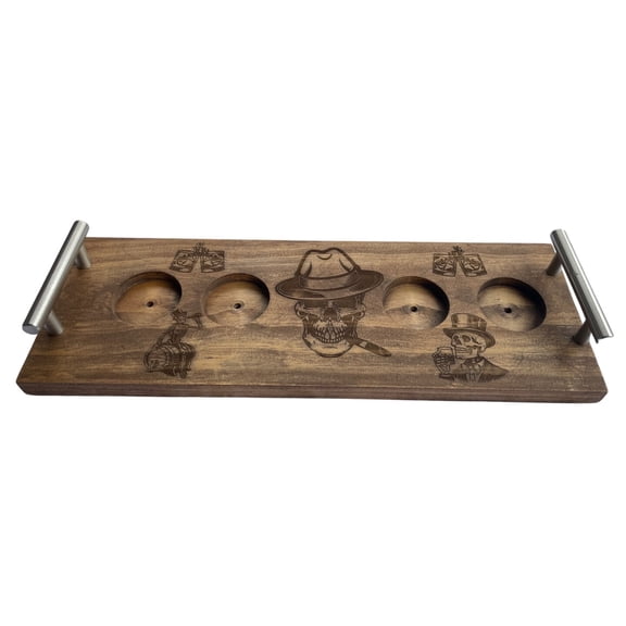 Rustic Pine Bourbon Flight Board with Vintage Mobster Engraving  16"x5.5" Tasting Tray with 4 Glass Recesses, Stainless Handles & QR Code Recipe Book
