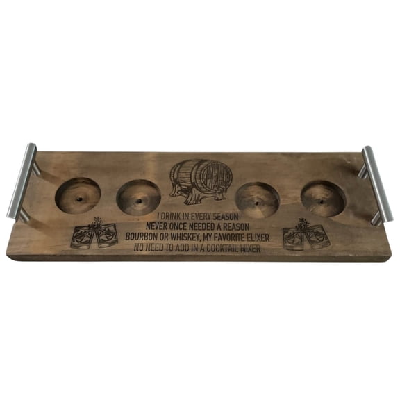 Rustic Pine Bourbon & Whiskey Flight Tasting Board with Stainless-Steel Rails 16"x5.5" Handmade Wooden Sampler Tray with 4 Recessed Glass Holders, Felt Pads & QR Code Linking to Digital Bourbon Rec