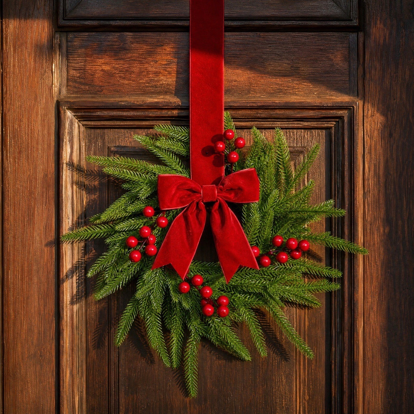 Rustic Pine Christmas Wreath, 12 Inch Artificial Needle Sprigs With Red ...
