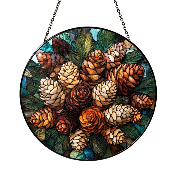 Rustic Pine Cone Stained Glass Window Hanging Decorative
