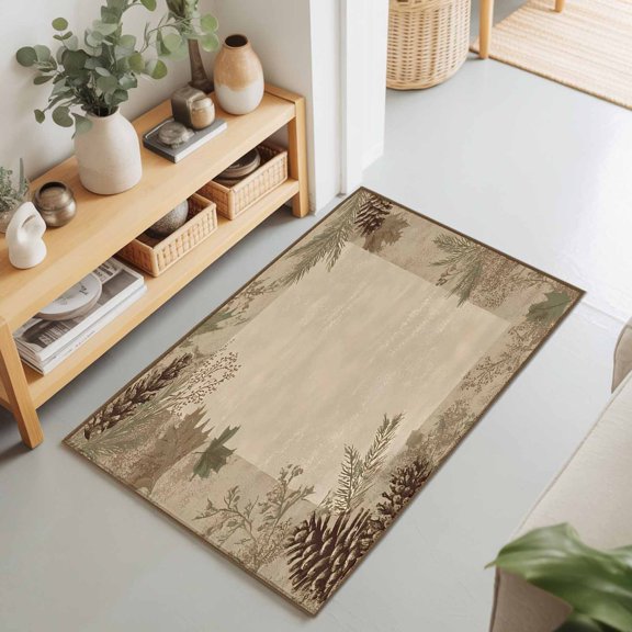 Rustic Pine Cones Leaves on Beige Rectangle Area Rug 2x3ft,Living Room Rug Non-Slip Washable Circle Rugs Pad,Farmhouse Plants Soft Floor Carpet for Bedroom Dining Room