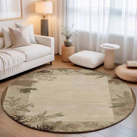 Rustic Pine Cones Leaves on Beige Round Rug 5ft Farmhouse Plants Washable Area Rugs for Living Room Bedroom Entryway Non Slip Entrance Door Mat Indoor Floor Carpet