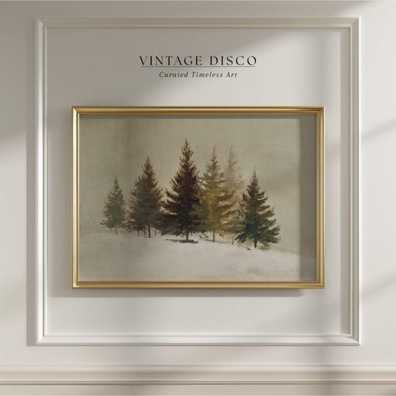 Rustic Pine Forest Landscape Wall Art Print, Dark Moody Winter, Neutral Vintage Evergreen Trees, Seasonal Living Room And Home Decor