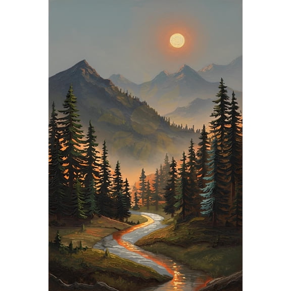 Rustic Pine Forest Misty River Valley Mountain Full Moon Wall Art, Unframed Canvas