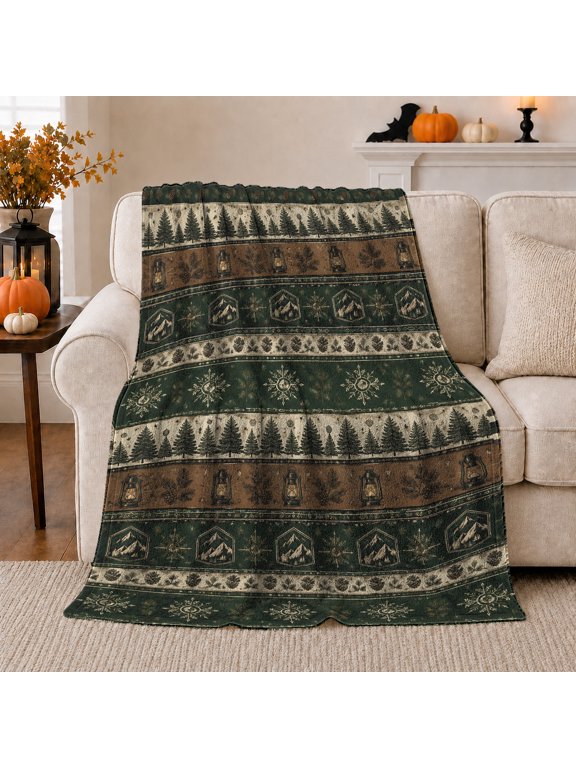 Rustic Pine Lantern Mountain Stripes, Textured Illustration Style for Cabin Lovers, Snowflake Pumpkin Sofa Scene and Christmas Gift, Cozy Flannel Blanket for Living Room, Home Decor