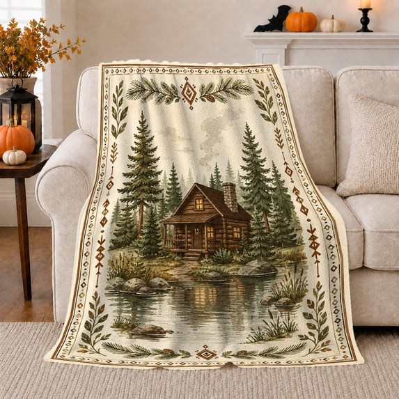 Rustic Pine Log Cabin Retreat Wilderness Woodland Scene, Peaceful Mountain Lake Scene, Warm Flannel Blanket for Cabin and Lodge, Outdoor Lovers Camping Gift, Artistic Home Decor