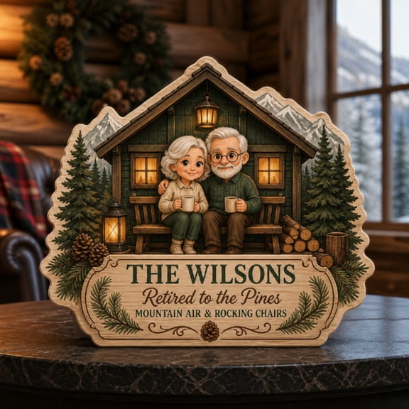 Personalized Rustic Pine Mountain Cabin Wooden Block 3 Layer for Retirement