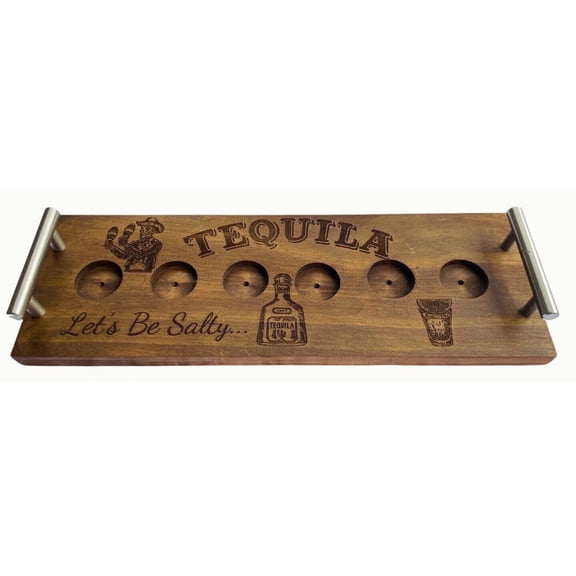 Rustic Pine Tequila Flight Board with 6 Shot Glass Holders, Stainless Steel Handles & QR Code Featuring Bourbon Recipe Collection Handmade Bar Gift 16"x5.5
