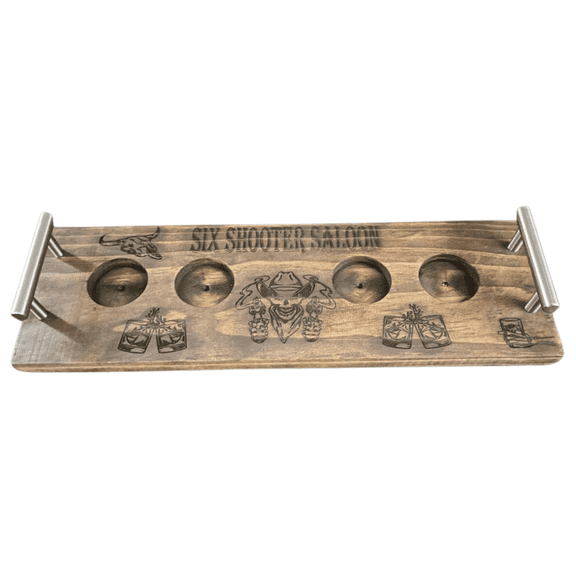 Rustic Pine Whiskey Flight Board with Stainless Steel Handles Six Shooter Saloon Bourbon Tasting Tray, 16x5.5 Wood Flight Paddle with Engraved Western Art & QR Code Bourbon Recipe Book