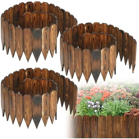 Rustic Pine Wood Garden Fence - 19.8ft Total Length (3pcs 6.6ft L*12in H) Easy to Install Sturdy Wooden Landscape Edging Border, No Fading Planter Fencing for Yard Flower Bed Lawns Pathway Tree